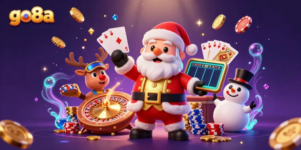 Engage in thrilling gameplay with go8a, showcasing a festive casino scene with Santa and his friends.