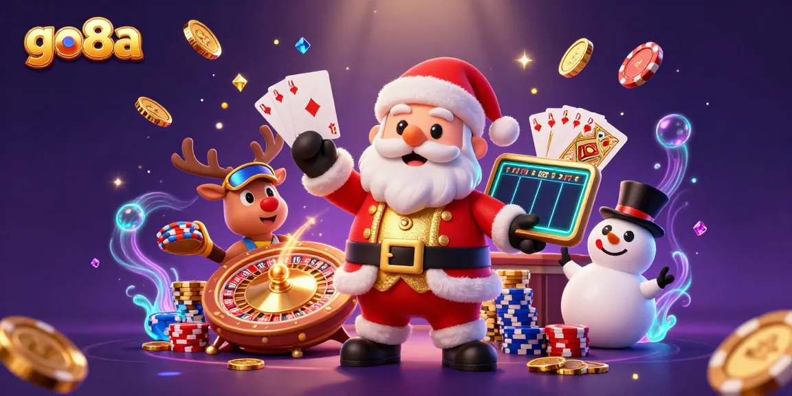 Engage in thrilling gameplay with go8a, showcasing a festive casino scene with Santa and his friends.