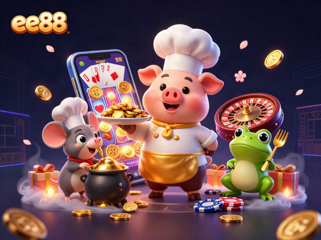 Experience the excitement of ee88 with a vibrant 3D scene of characters enjoying casino fun.