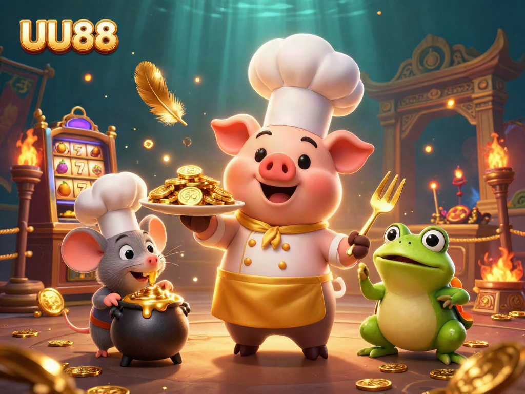 Experience thrilling bets at UU88 with a gourmet pig chef serving gold coin trophies in a vibrant casino.
