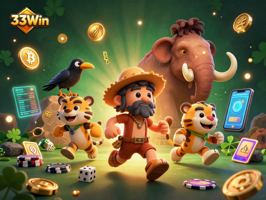 Engage with 33Win's vibrant prehistoric casino experience featuring classic cartoony characters and glowing crypto elements.
