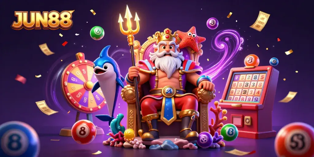 Experience the excitement of JUN88 with vibrant lottery action and dynamic game elements in this engaging illustration.