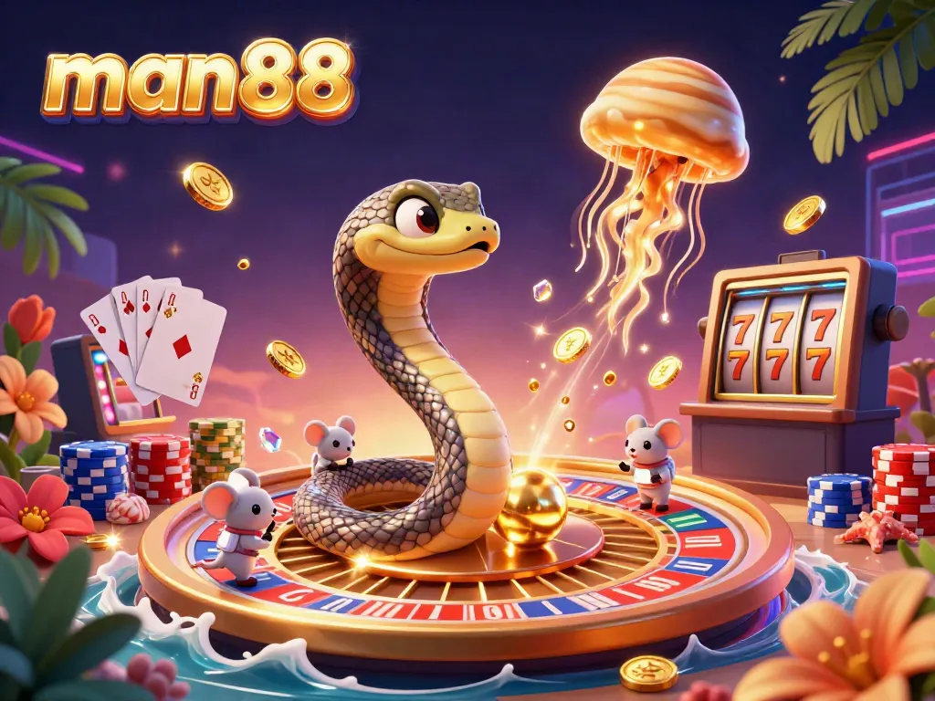 Join the excitement at man88 with a cosmic-themed 3D casino illustration featuring a roulette snake and betting mice.