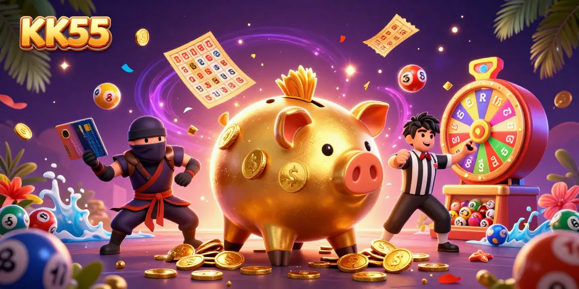 KK55 features a dynamic showdown with a golden piggy bank sumo, ninja, and samurai amidst exciting gambling elements.