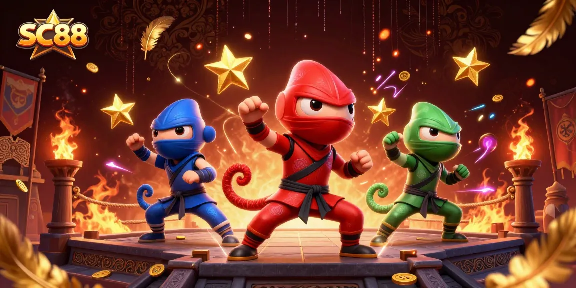 Experience thrilling SC88 gaming with 3D ninja chameleons showcasing casino action amid golden coins.
