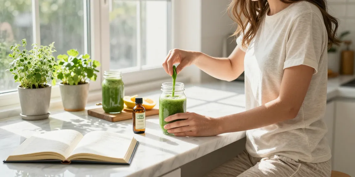 Strong THC vapes UK featured in a serene kitchen wellness routine with organic CBD oil and fresh ingredients.