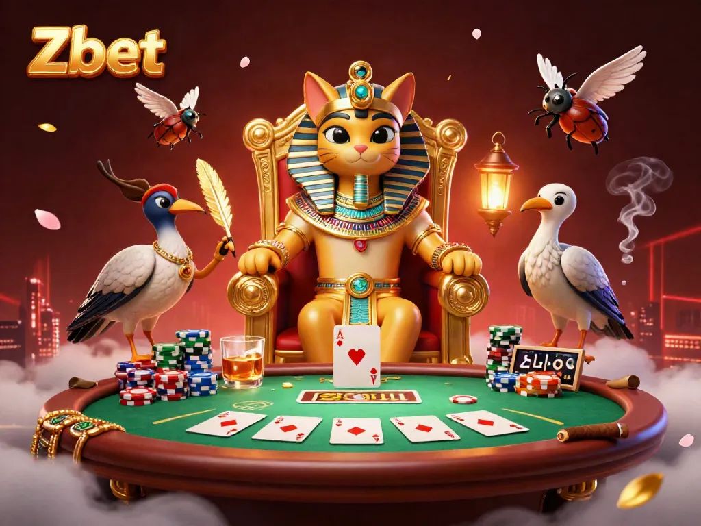 Engage in thrilling Zbet casino action with an Egyptian pharaoh cat, poker elements, and vibrant treasures.