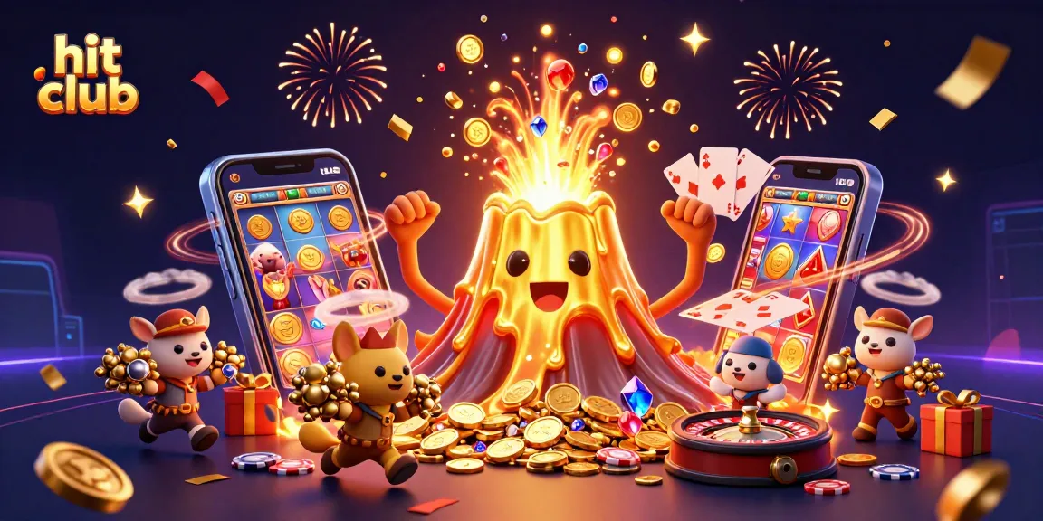 Spin the reels at hit club with vibrant animations of treasures erupting from a volcano.
