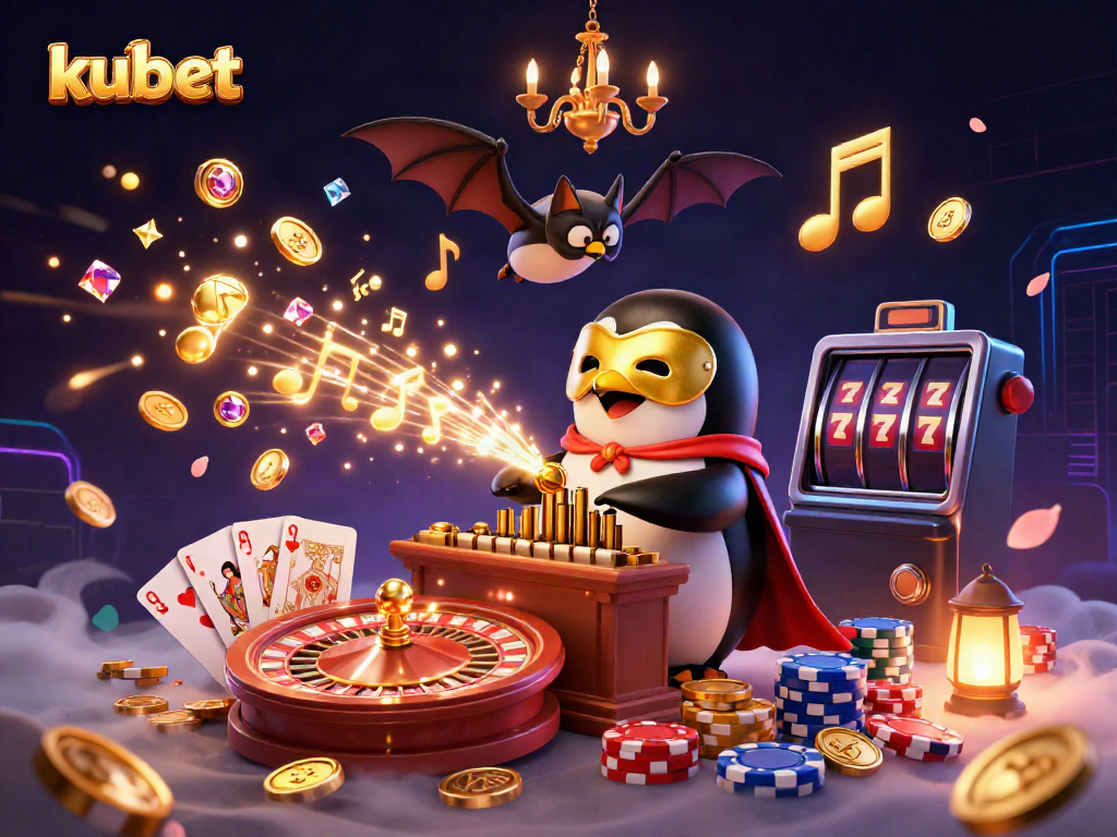 kubet-themed illustration featuring a penguin playing an organ and gold coins flying, perfect for online gambling.