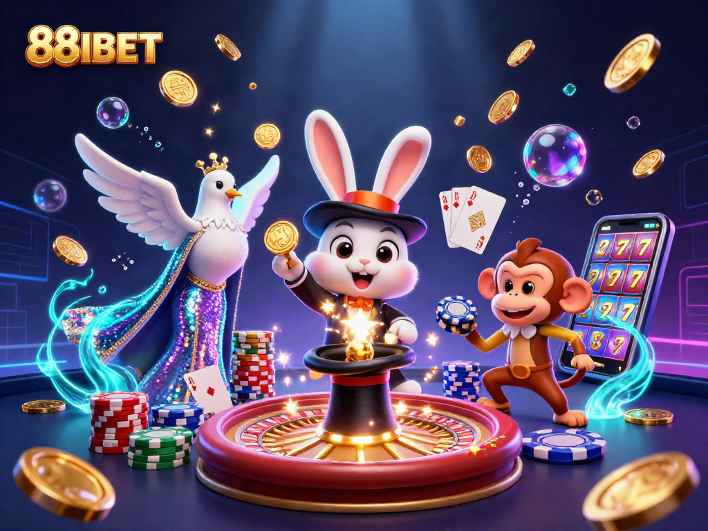 Experience thrilling action at 88IBET with a vibrant casino scene featuring a magician rabbit, a dove, and a monkey.