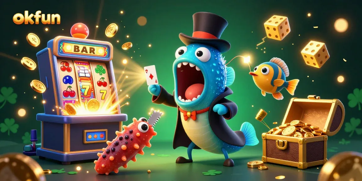 Experience thrilling games at okfun with a dynamic scene featuring magical underwater characters and casino excitement.