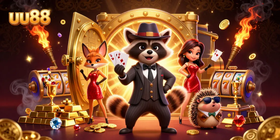 Experience unbeatable thrills at uu88 with a suave raccoon and glamorous companions amidst dazzling casino treasures.