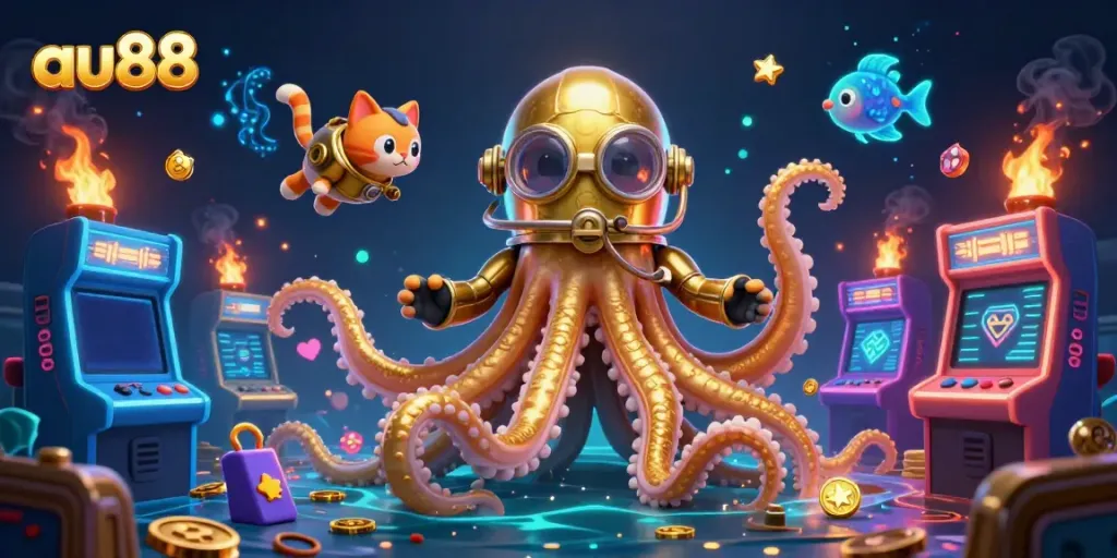 Experience the thrill of au88 with a captivating kraken and vintage diving cat in a vibrant gaming scene.