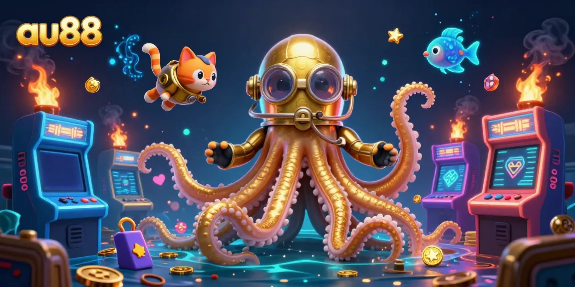 Experience the thrill of au88 with a captivating kraken and vintage diving cat in a vibrant gaming scene.