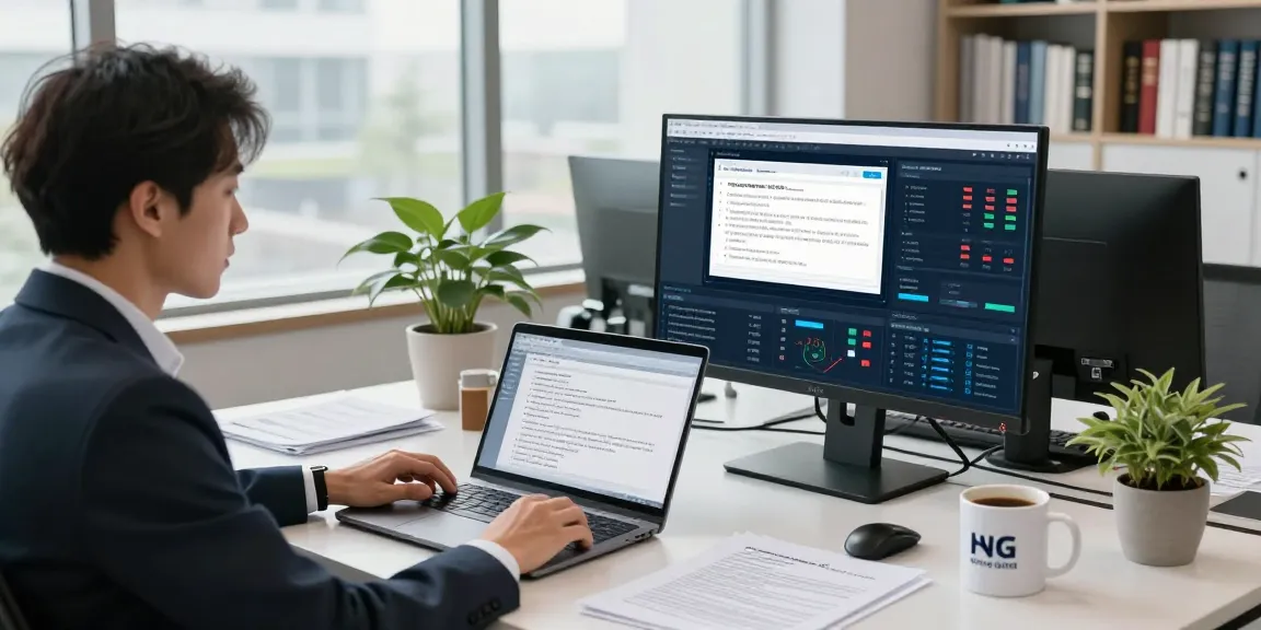 Data analyst conducting document fraud detection analysis in modern office.