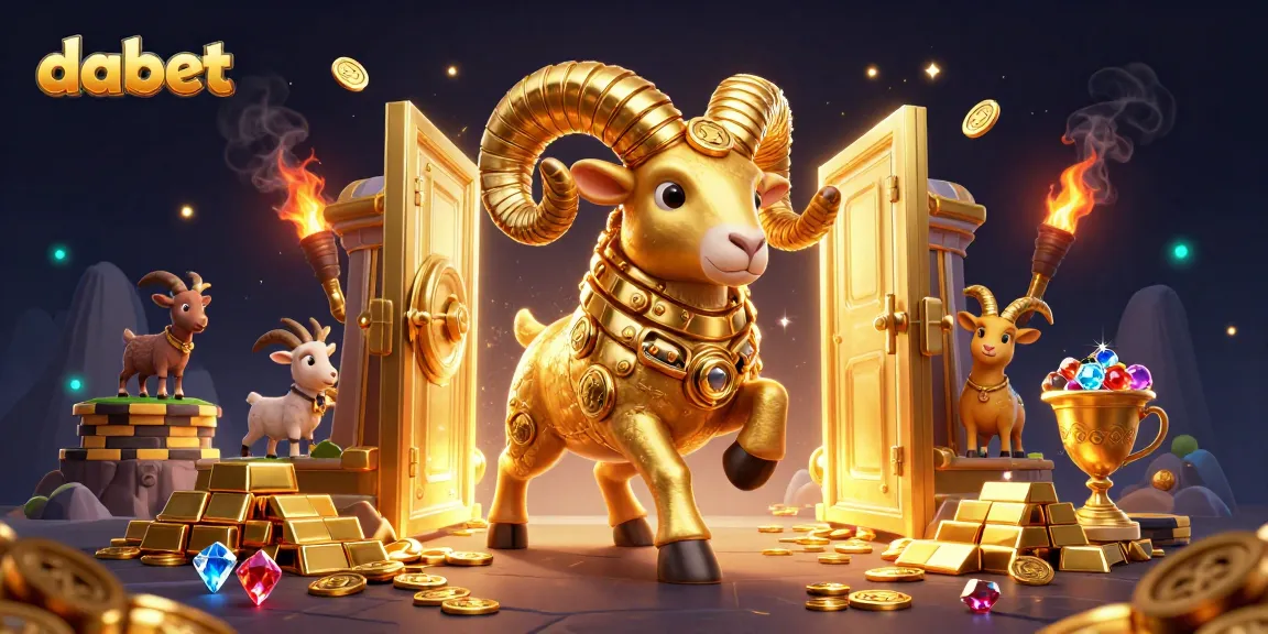 dabet unleashes excitement with a golden ram charging past dynamic treasure symbols and casino elements.