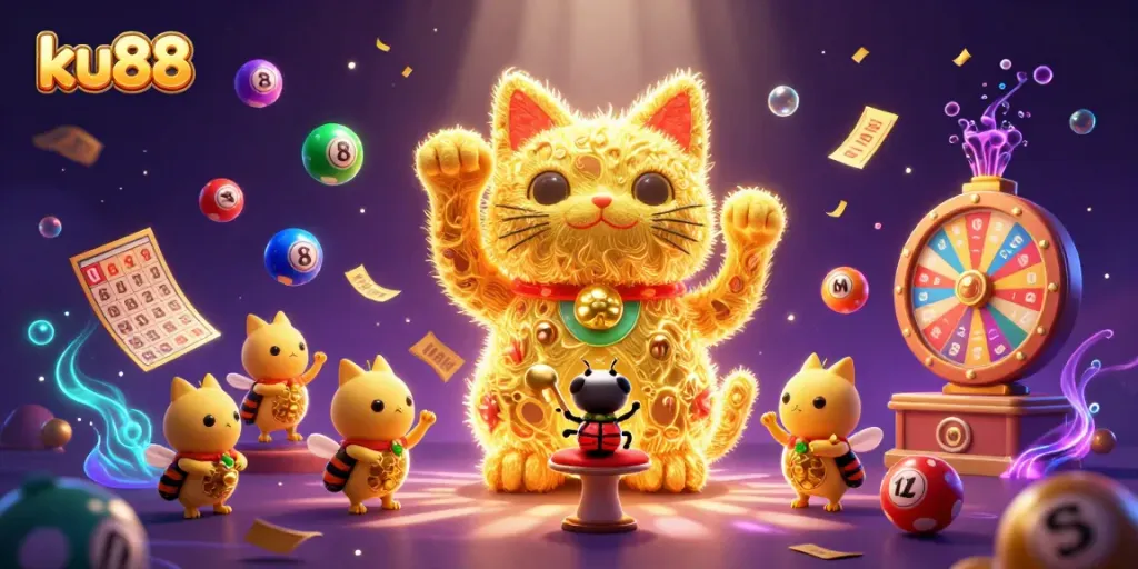 ku88 captures winning moments with golden fireflies and exciting casino elements in a vibrant scene