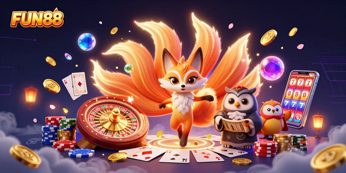 Embrace the thrill with FUN88 as colorful coins and cards surround a mystical fox and wise owl.