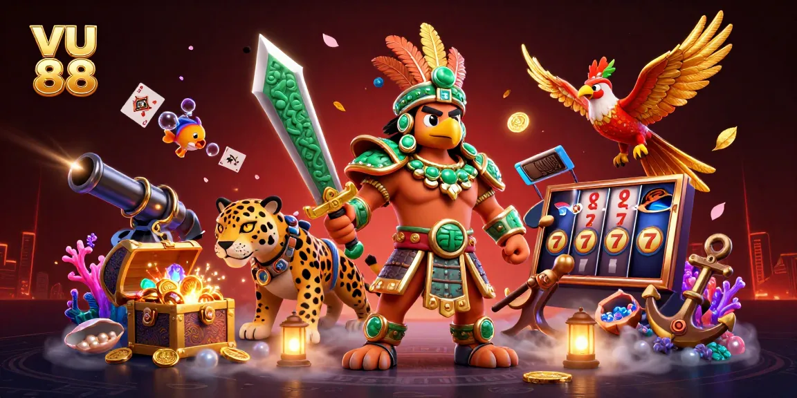 Experience casino excitement with vu 88's thrilling slots scene featuring Aztec warriors and treasures
