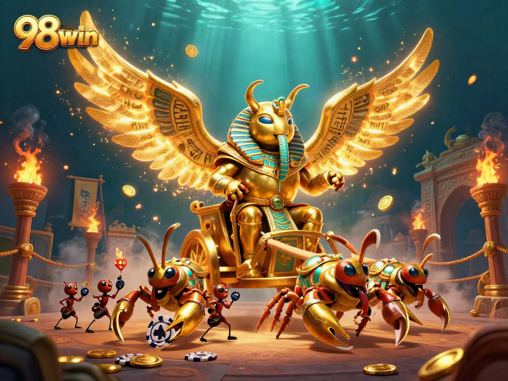 Engage in thrilling games at 98win with stunning casino illustrations of pharaohs and golden elements.