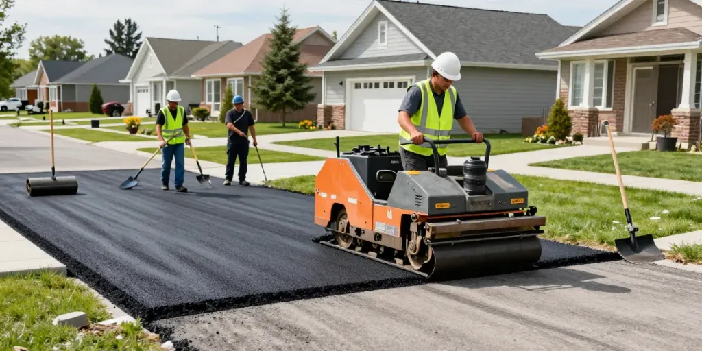 JAK Paving Edmonton professionals expertly installing a residential driveway with asphalt in a suburban setting.