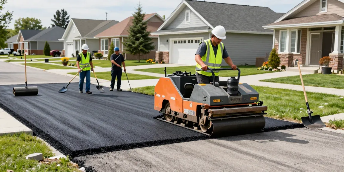 JAK Paving Edmonton professionals expertly installing a residential driveway with asphalt in a suburban setting.