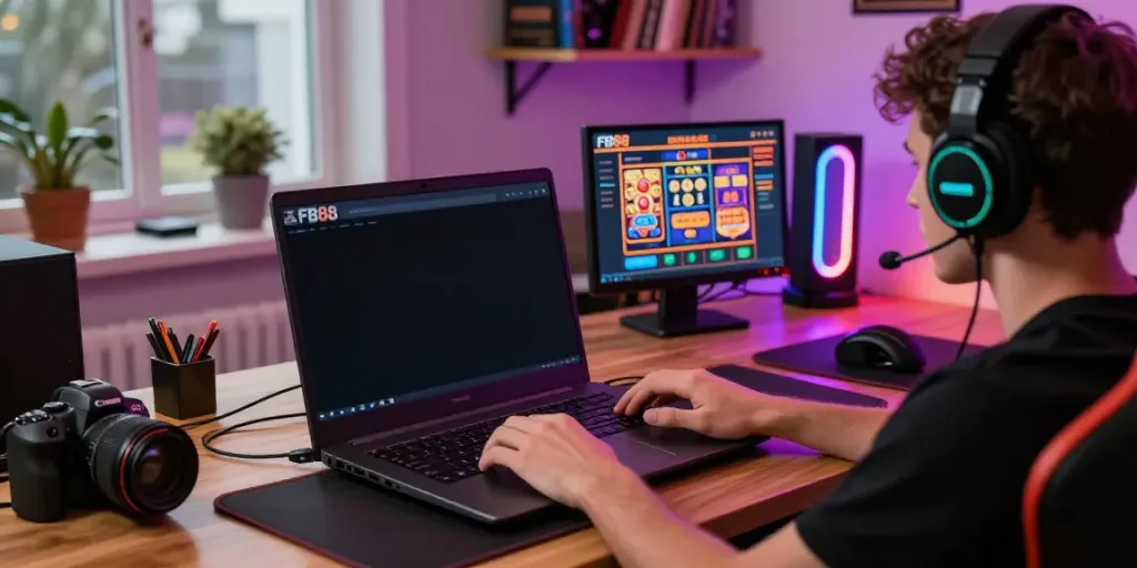 Engaging home gaming setup featuring a player using the FB88 platform on a laptop surrounded by gaming accessories.