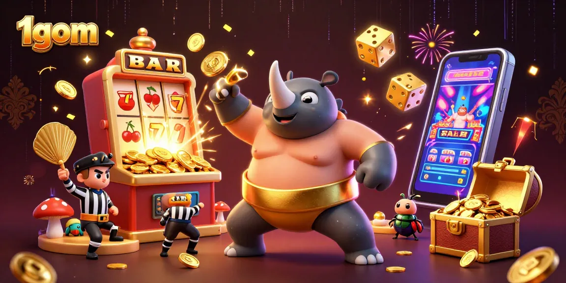 Experience thrilling gameplay with 1gom as a rhinoceros beetle sumo champion sends golden coins flying in a vibrant casino setting.