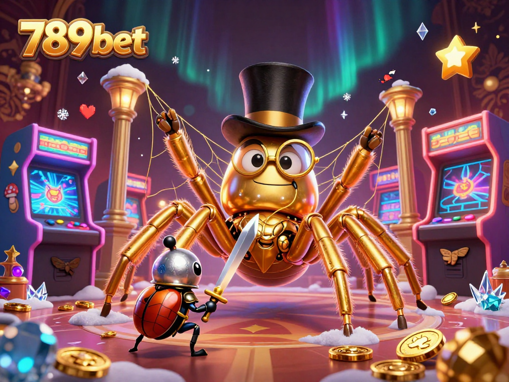 Feel the excitement of 789bet as a golden tarantula weaves casino magic with vibrant characters in a colorful 3D scene.
