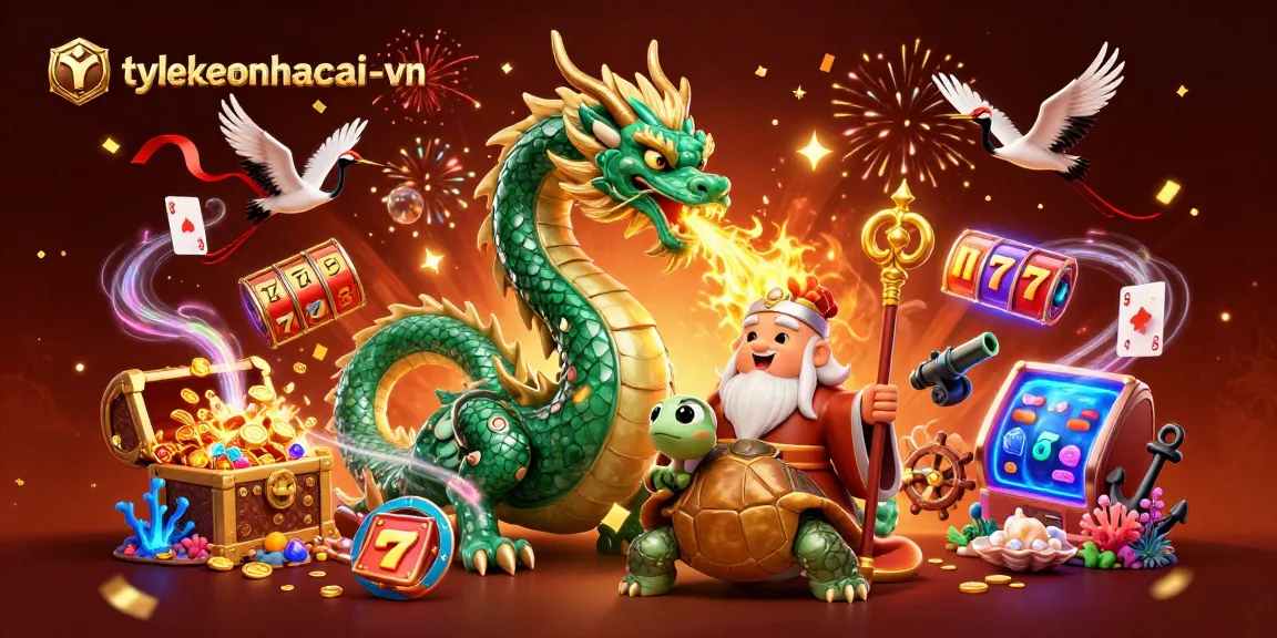 Experience excitement with tylekeonhacai-vn's vibrant casino scene featuring a majestic dragon and lucky symbols.