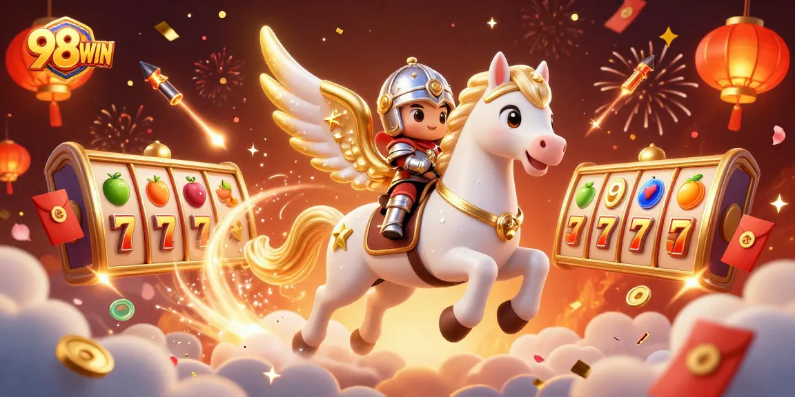 Experience excitement with 98WIN, as a knight rides a celestial horse amidst vibrant casino elements.