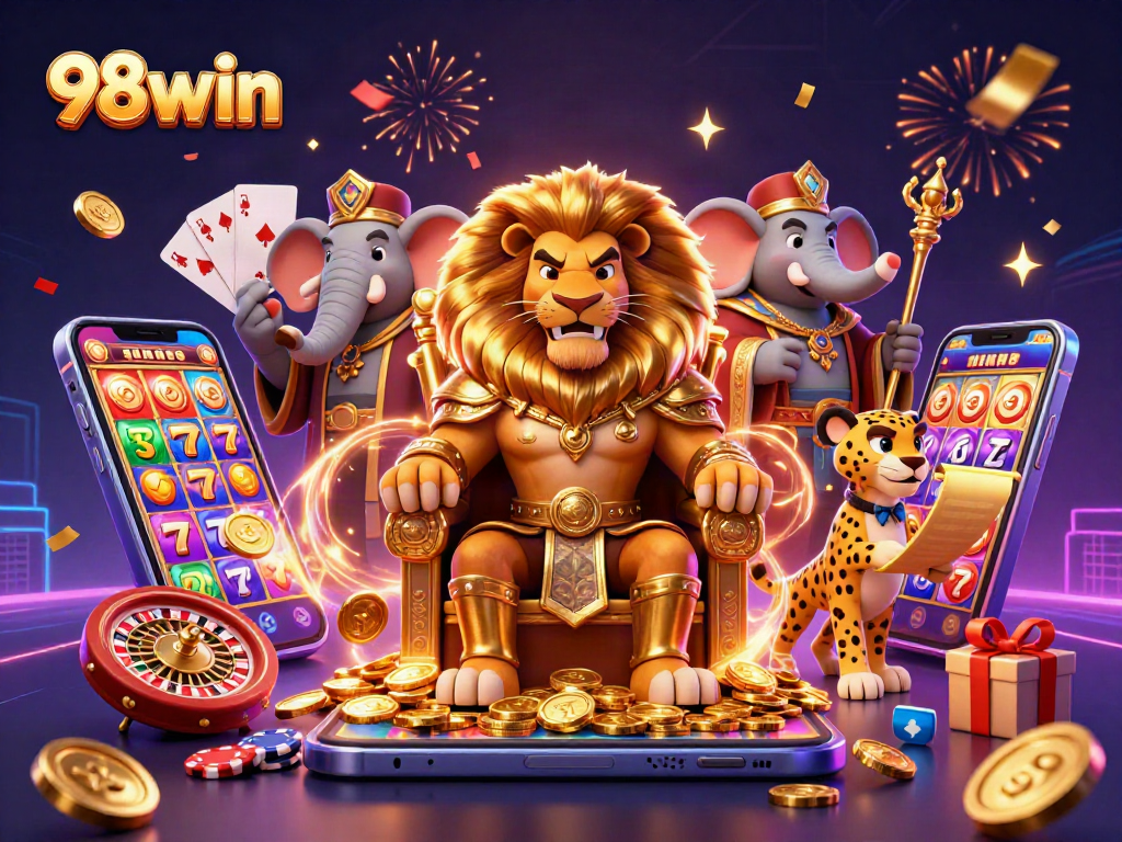 Win big with 98win as a lion king, elephant advisor, and cheetah messenger celebrate gaming!