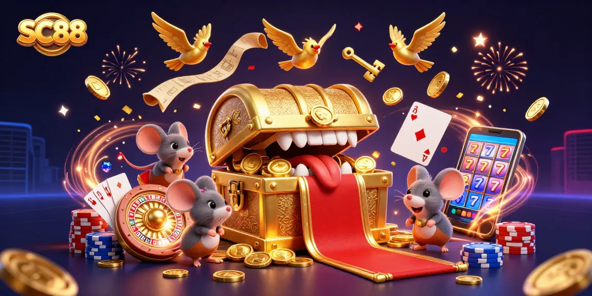 Engage with SC88's golden chest, where adventurer mice aim for riches amidst soaring jackpot symbols.