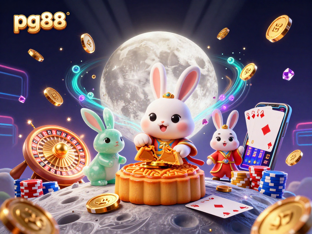Engage with pg88's vibrant 3D casino illustration showcasing a moon rabbit and dynamic gaming elements.