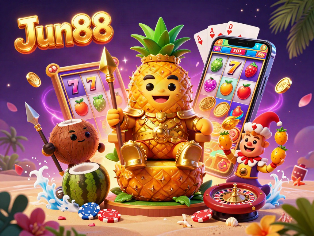 Experience the thrill of Jun88 slots with a vibrant 3D scene featuring a pineapple king and gaming elements.