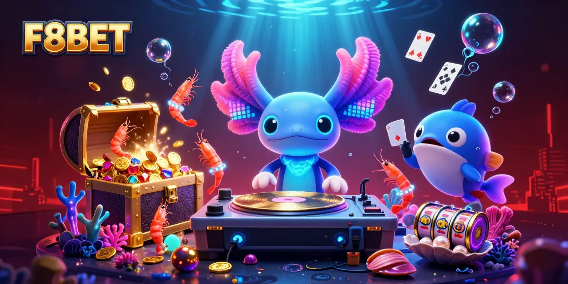 Experience F8BET's vibrant underwater casino with axolotl DJ spinning while golden treasures explode.
