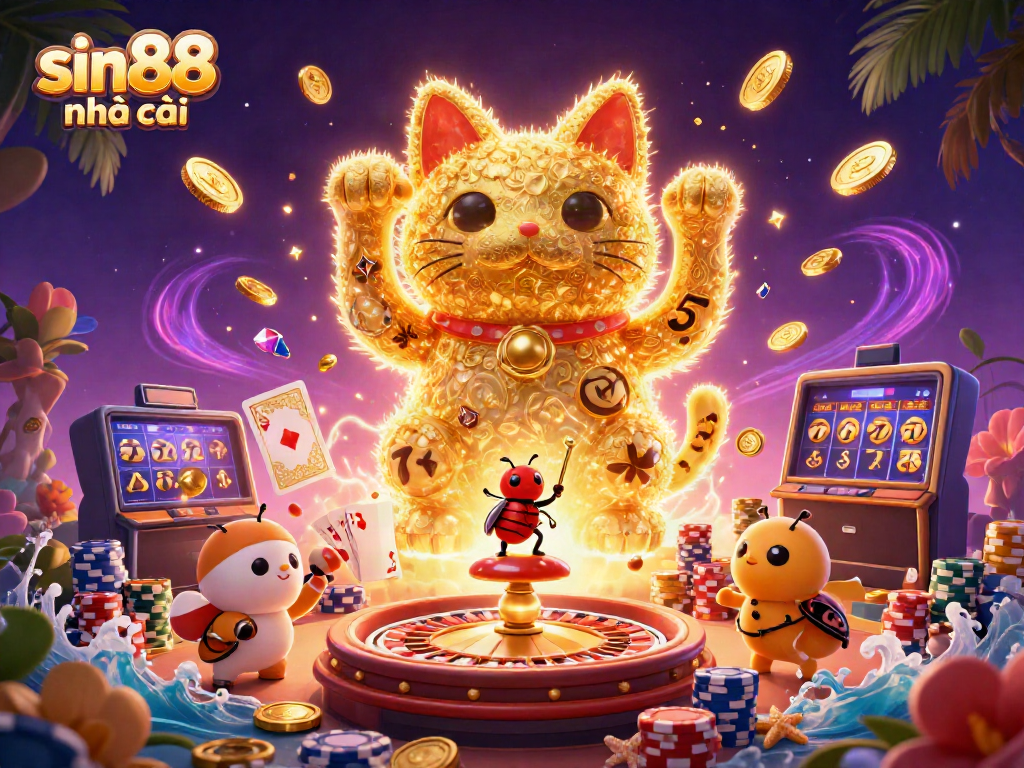 Experience thrilling gaming at sin88 nhà cái, featuring vibrant casino symbols and a lucky cat.