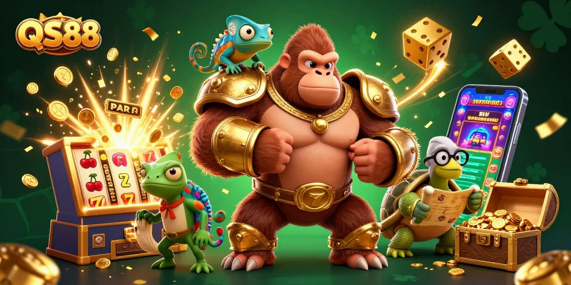 Experience the excitement of QS88 with a captivating scene featuring a gorilla king and game symbols.
