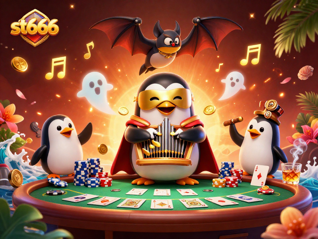 Experience the thrill of st666 casino games with a lively 3D scene of characters and poker elements.