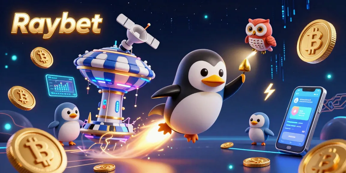 Experience the excitement of Raybet with a dynamic scene featuring a rocket-powered penguin soaring toward a casino.