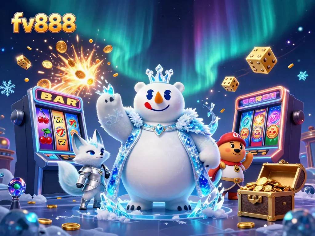 Experience the excitement of fv888 with a polar bear king and snow fox amidst casino elements and vibrant scenes.