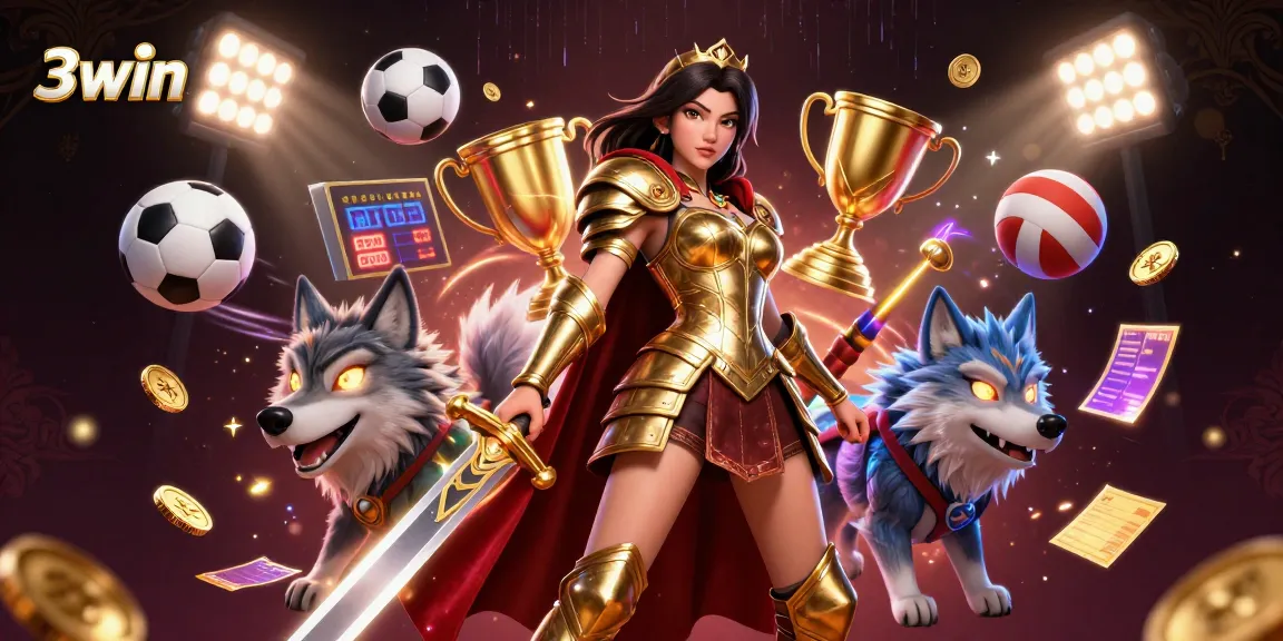 3win slots and sports betting come alive in a vibrant 3D illustration featuring a warrior queen and her glowing wolf companion.
