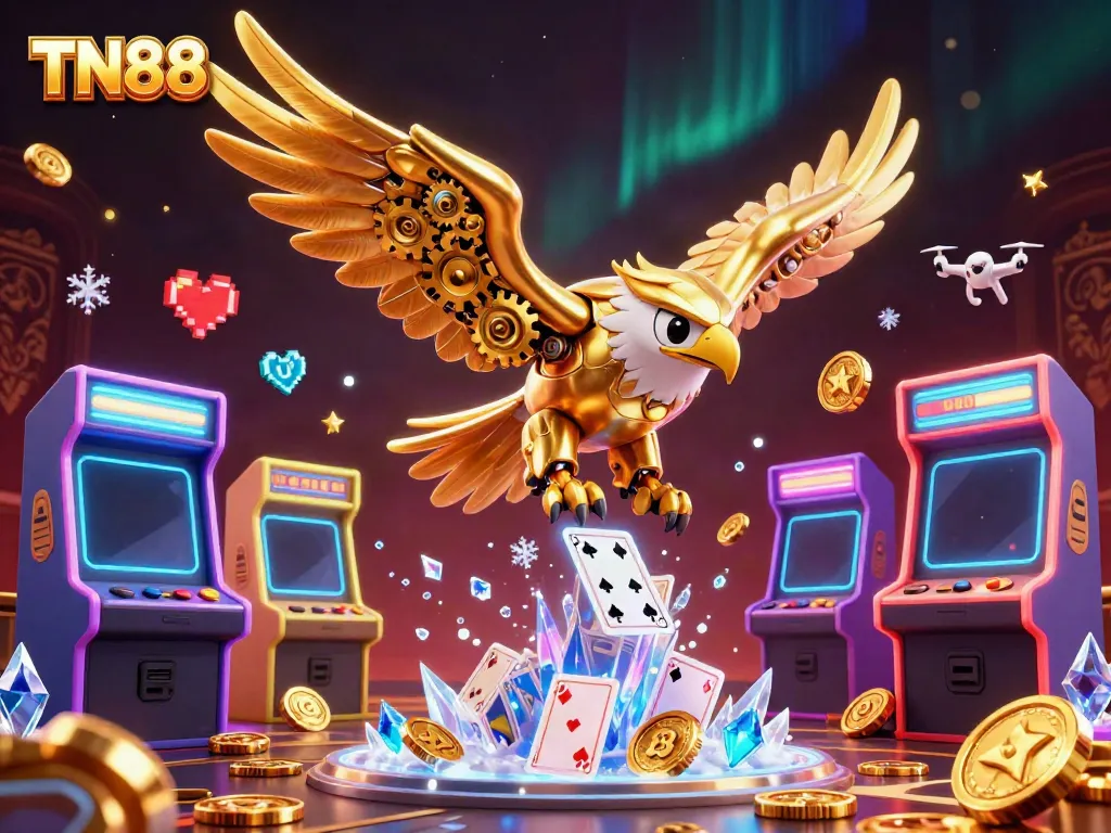 Engage with TN88's thrilling casino action through a dynamic 3D illustration of a golden eagle diving among playing cards.