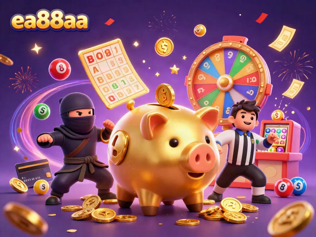Engaging 3D scene with a golden piggy bank sumo wrestler and a wallet-ninja in a vibrant casino setup, capturing the essence of ea88aa gaming excitement.