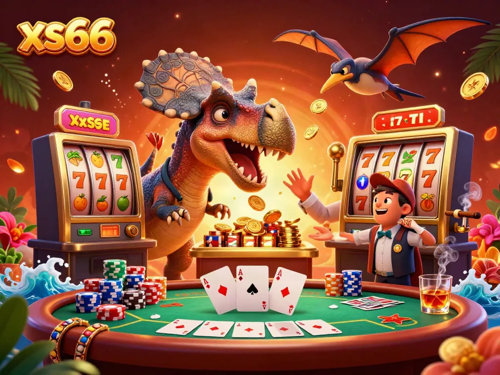 Experience the excitement at xs66 with a cartoon pachycephalosaurus winning big at a slot machine amid cascading golden coins.