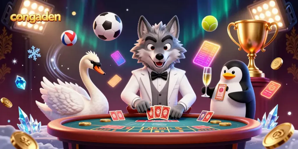 Experience gambling excitement with congaden, as a debonair wolf and elegant characters play cards.