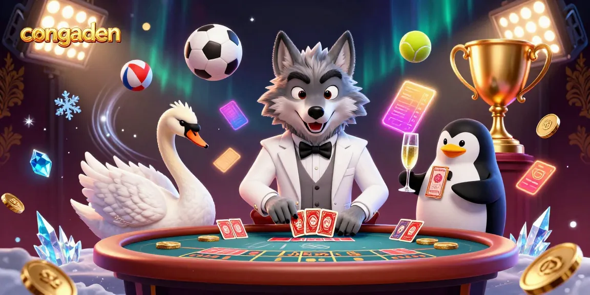 Experience gambling excitement with congaden, as a debonair wolf and elegant characters play cards.