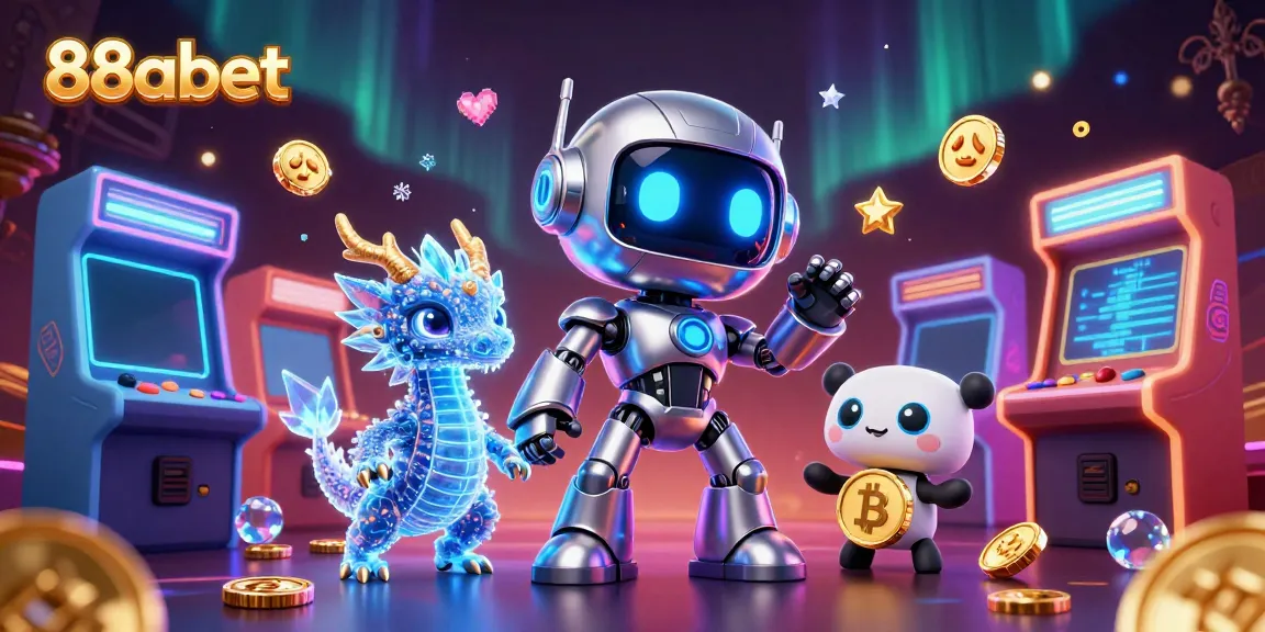 88abet presents an engaging scene with a robot mascot, AI dragon, and bitcoin drone amidst colorful gaming machines.