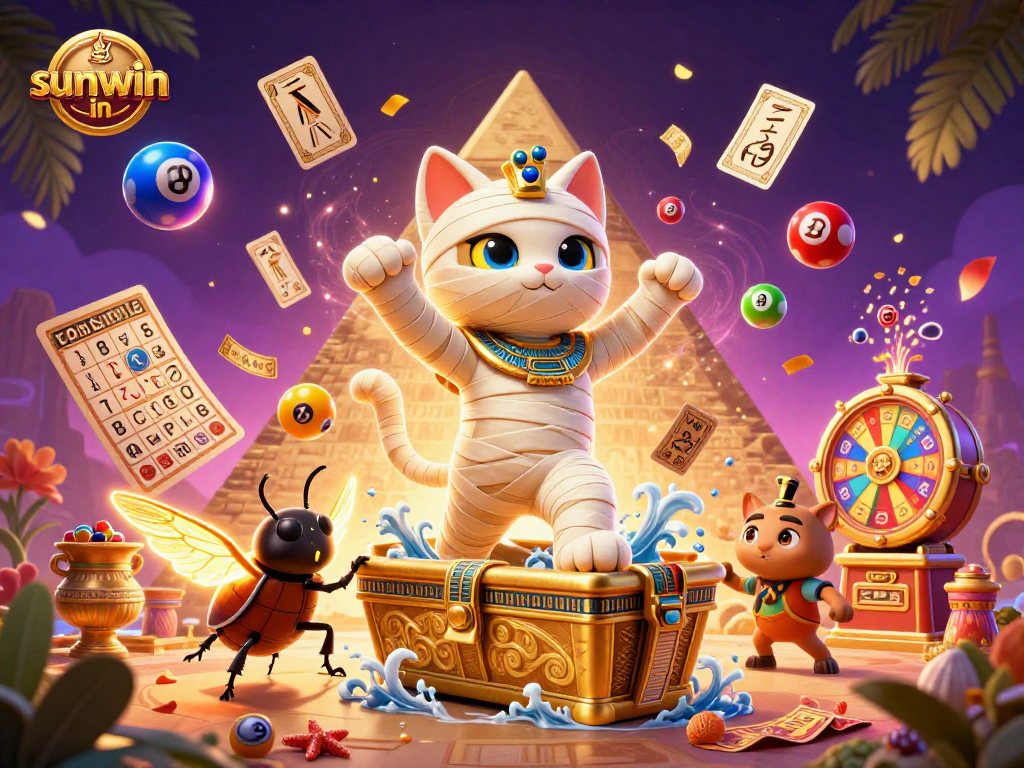 Engage in thrilling action with the sunwin in platform's vibrant pyramid casino, featuring a mummy cat!