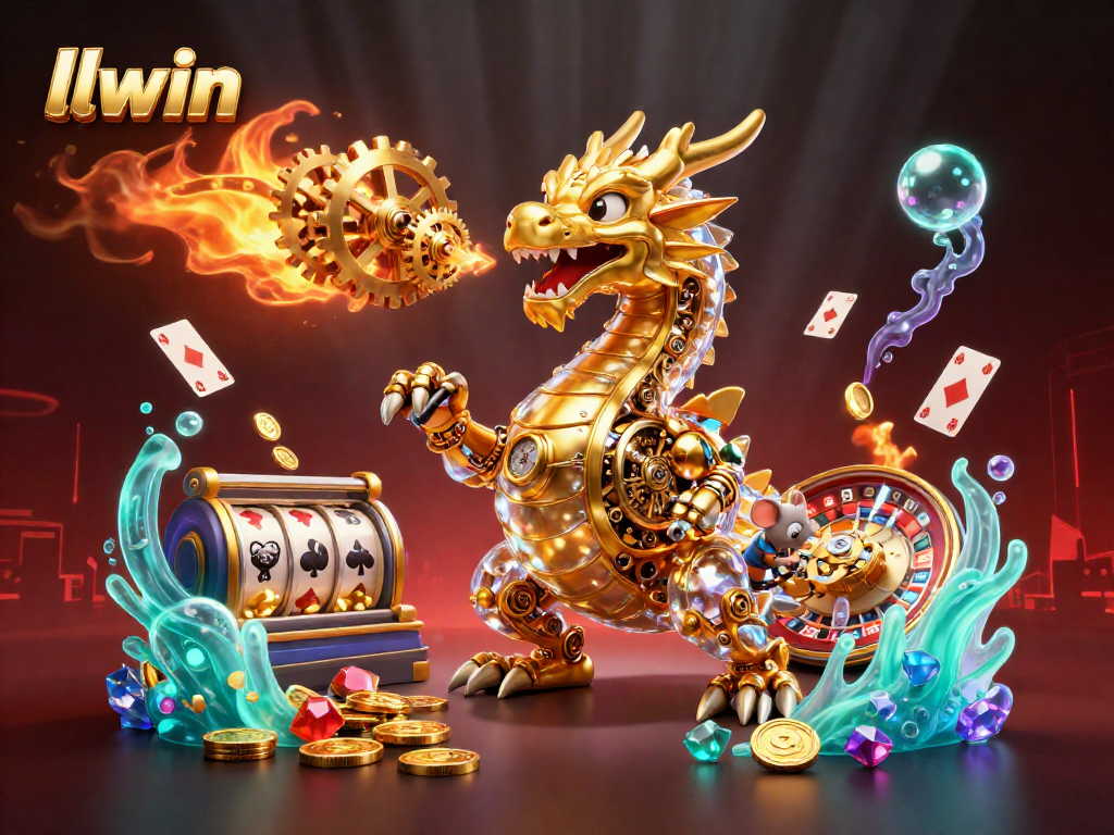 Experience thrilling moments at llwin with a stunning illustration of a golden dragon amid casino games.